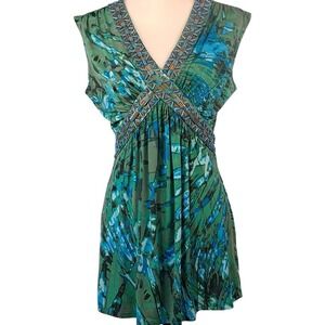 Vintage Y2K‎ CACHE M Beaded Sleeveless V-Neck Tunic Top Blue Green Jersey Knit